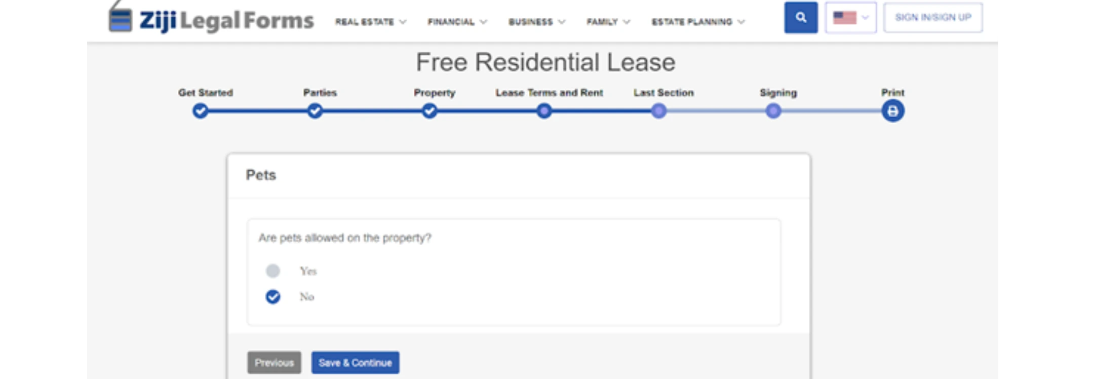 Ziji Legal Forms online residential lease template interface that is asking user a question about whether pets are allowed on the property and showing step-by-step lease creation process for landlords.