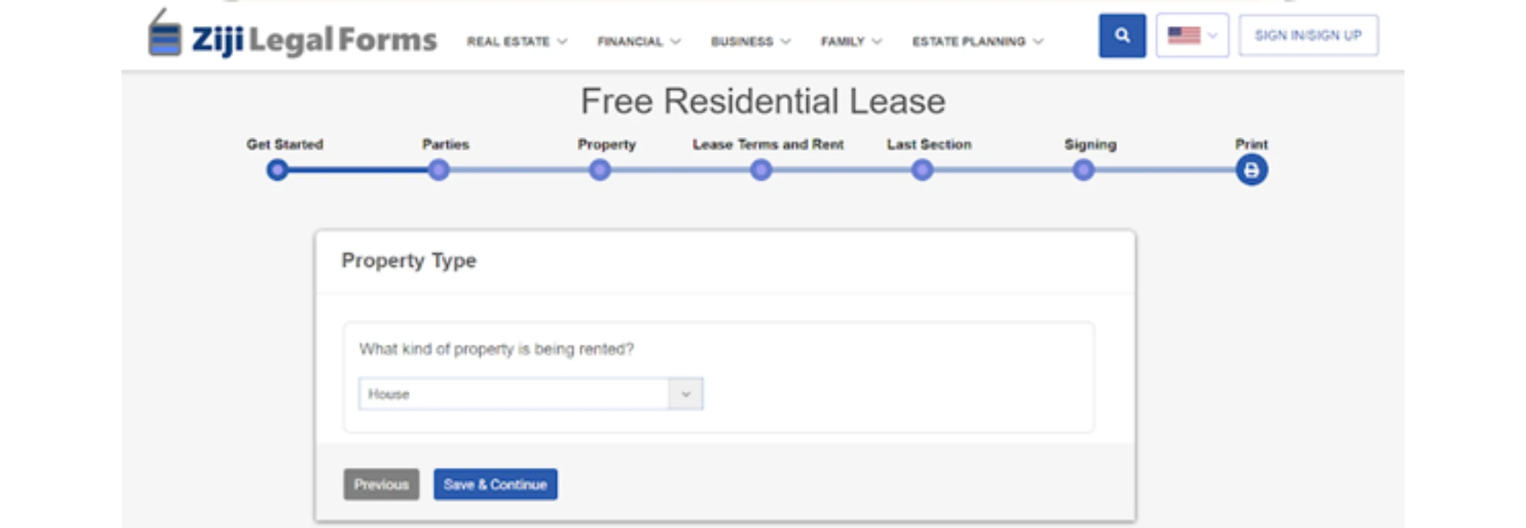 Ziji Legal Forms online residential lease template interface that is asking user a guided question about the type of property being rented and showing step-by-step lease creation process for landlords.