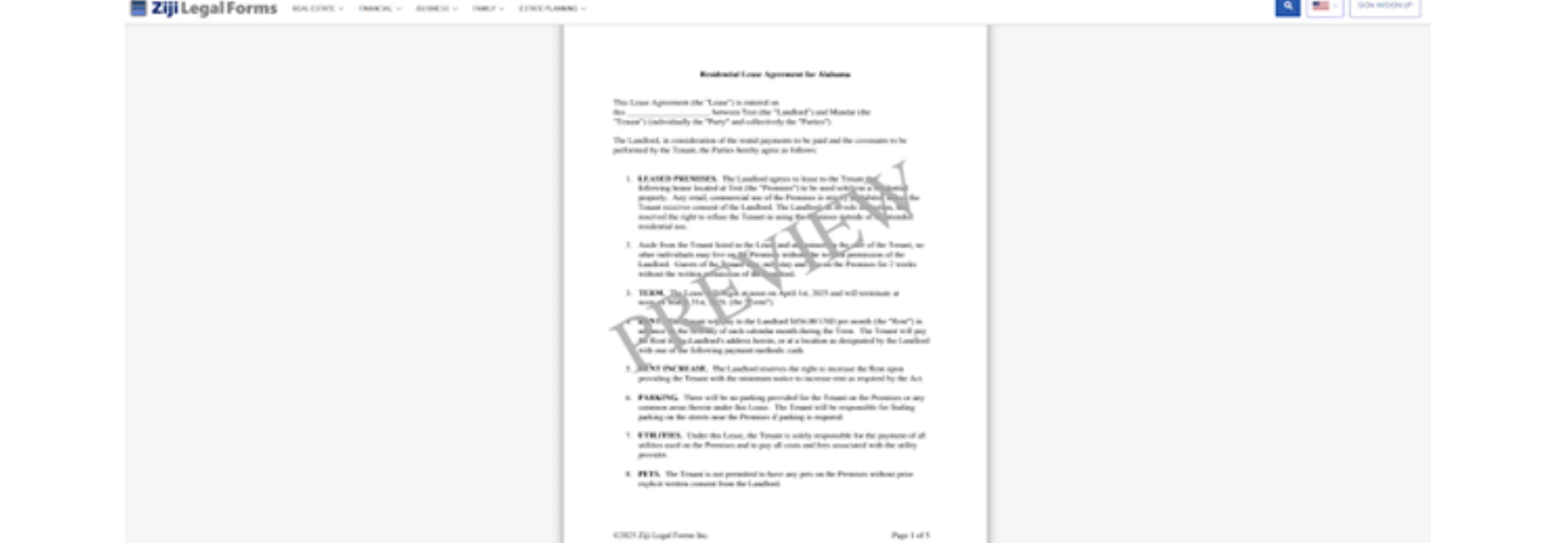 Preview of a residential lease agreement template for Alabama generated using Ziji Legal Forms, displaying standard rental terms and clauses.