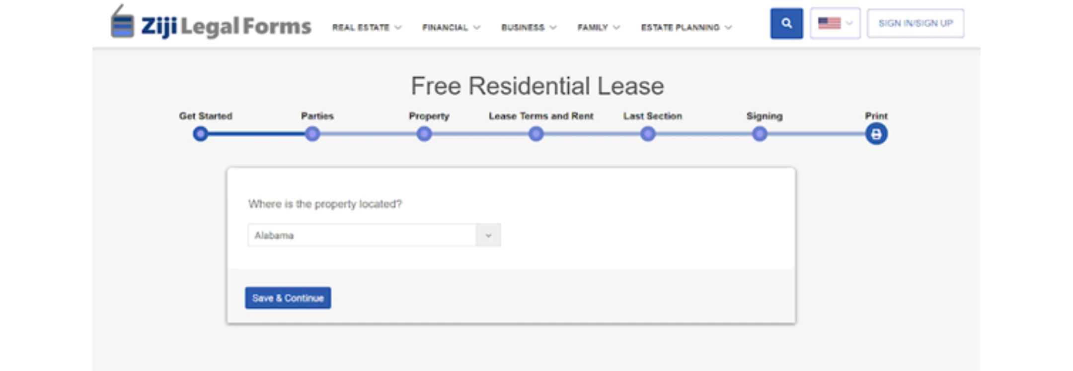 Ziji Legal Forms online residential lease template interface that is asking user to choose a state where the property is located and showing step-by-step lease creation process for landlords.