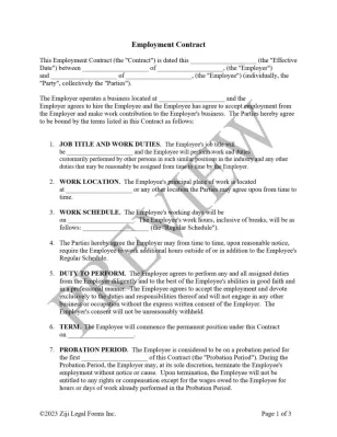 Ziji, Legal, Forms, Employment Contract