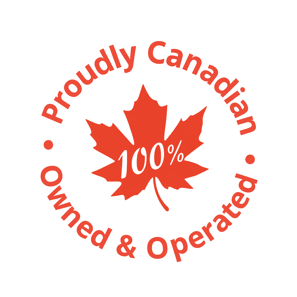 Proudly Canadian badge for Ziji Legal Forms featuring a red maple leaf and bold white text on a red background, symbolizing 100% Canadian ownership, trust, and locally-made legal document services